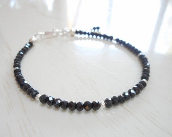 Black Spinel Bracelet: Dainty Sterling Silver Gemstone Beaded Jewelry
