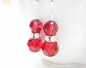 Red Crystal Earrings, Sterling Silver Swarovski Crystal Jewelry, Scarlet Red Beaded Dangle Earrings, Christmas Holiday Jewelry Gift for Her