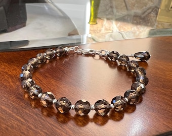 Pulsera de cuarzo ahumado: dije de lágrima de plata esterlina, joyería de piedras preciosas ajustable