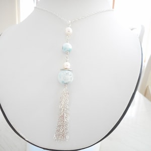 Larimar Tassel Necklace: Sterling Silver, Freshwater Pearl Y Pendant
