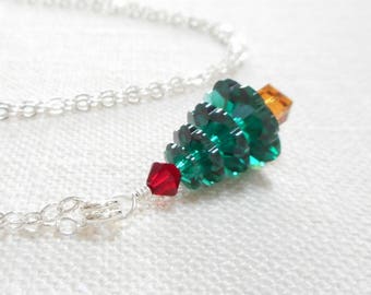 Swarovski Crystal Christmas Tree Necklace: Sterling Silver Chain