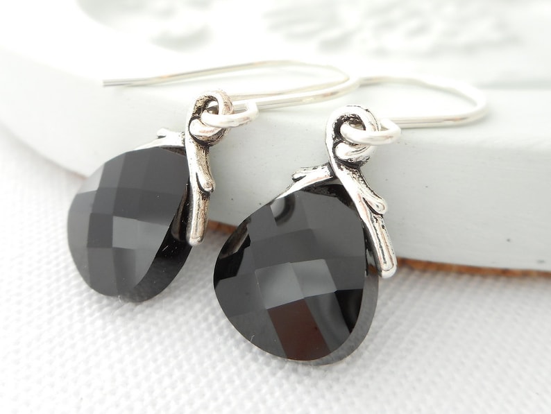 Small Black Crystal Earrings, Jet Black Swarovski Crystal Flat Briolette Dangle Earrings, Bridal Earrings, Bridesmaid Wedding Jewelry image 1