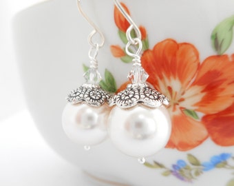 White Pearl Beaded Drop Earrings, White or Cream/Ivory Swarovski Crystal and Pearl Dangle Earrings, Bridal Earrings, Wedding Jewelry