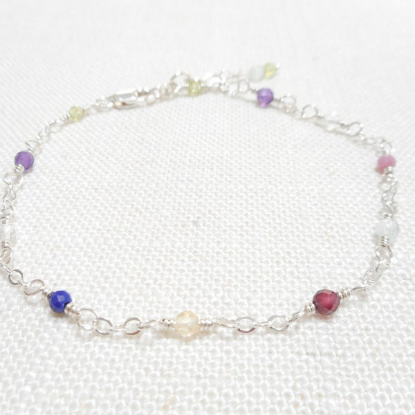 Multi Gemstone Bracelet, Sterling Silver Genuine Gemstone Jewelry, Multicolor Dainty Bracelet, Wire Wrapped Jewelry, Birthstone Bracelet