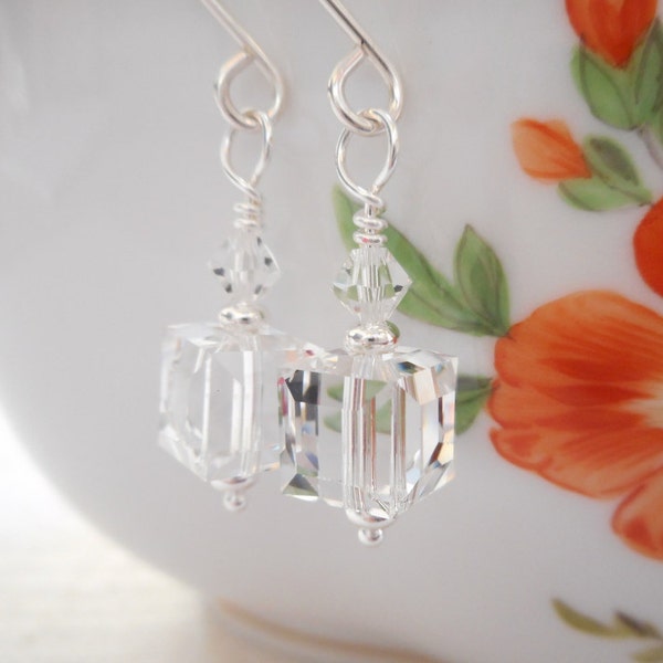 Crystal Cube Earrings, Swarovski Crystal Jewelry, Clear Crystal Earrings, Dangle Earrings, Jewelry Gift for Her, Beaded Drop Earrings