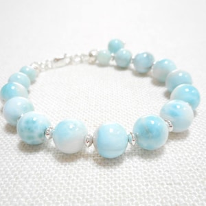 Larimar Bracelet, Genuine Gemstone Sterling Silver Jewelry, Sky Blue Stone Beaded Bracelet, Light Blue Larimar Bead Jewelry, Gift for Her