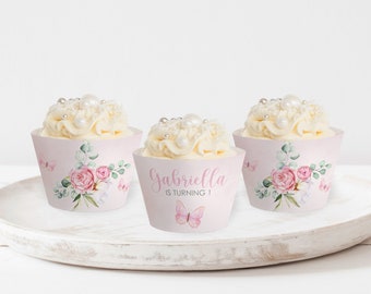 Schmetterling und Blumen Cupcake Wrapper Bearbeitbar