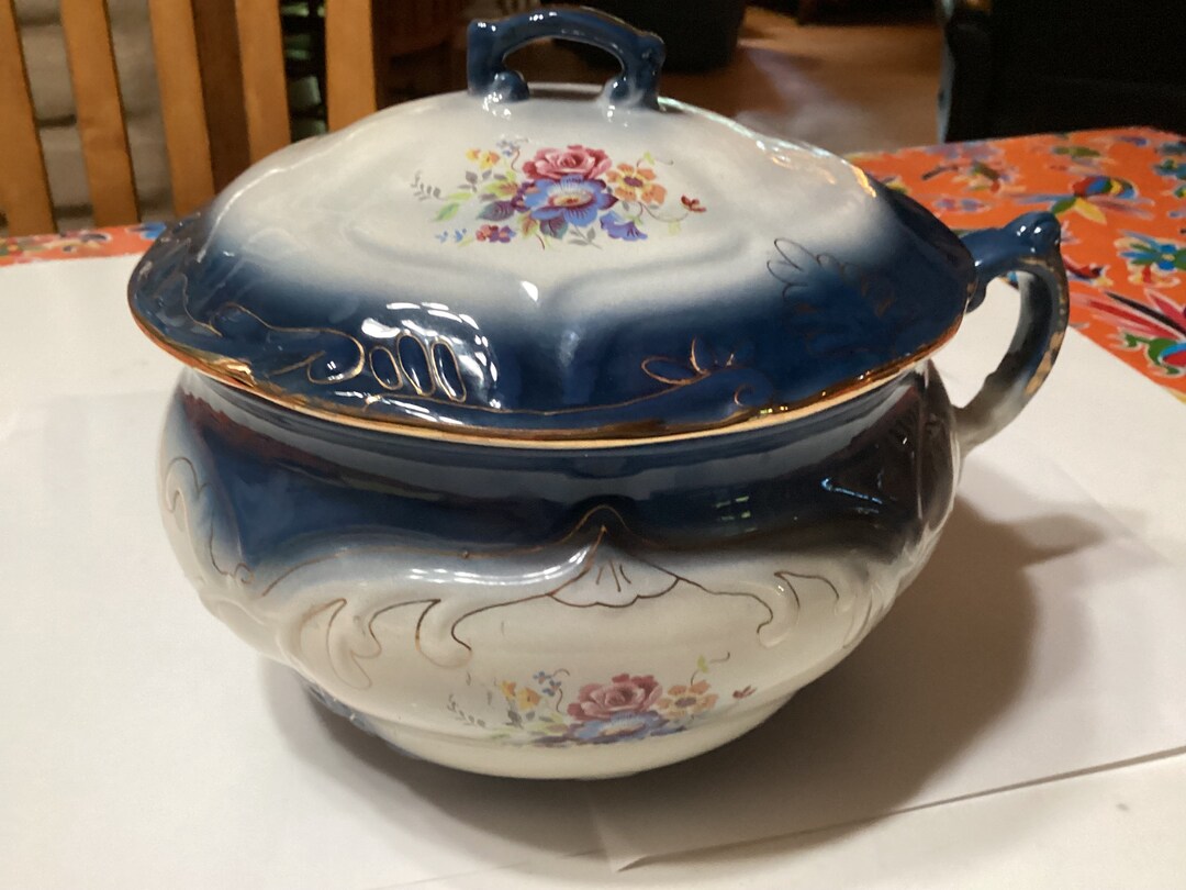 Vintage Imperial Pottery Hand Painted Chamber Pot With Lid Signed by