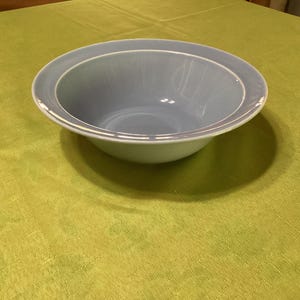 Puede incluir: Un cuenco de cerámica azul claro con un borde blanco. El cuenco es redondo y está sobre un mantel verde. El cuenco está vacío y parece limpio.