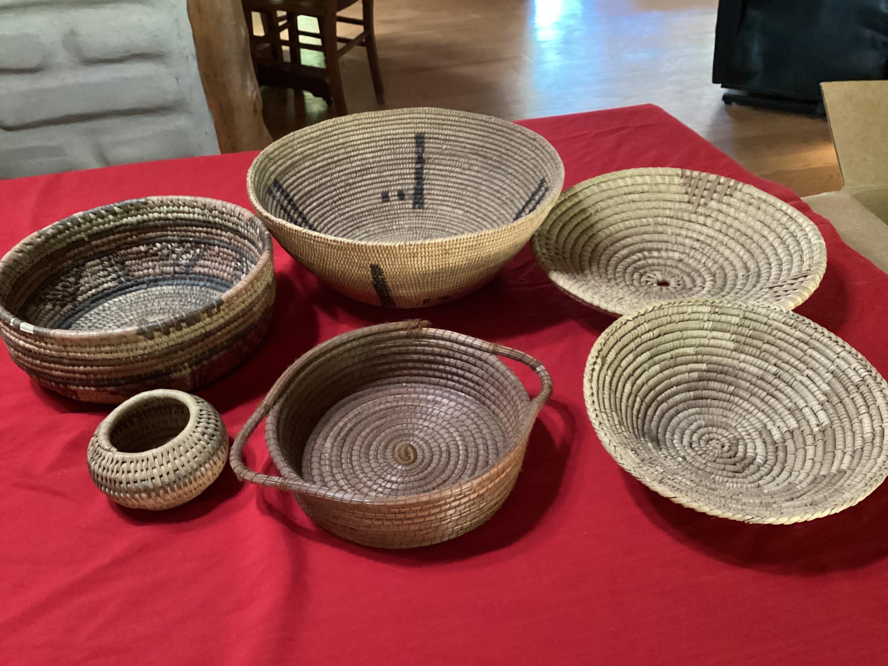 Antique Lot of Six Hand Woven Coiled Native American Baskets- Sold