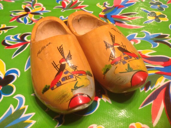 Vintage white Dutch wooden shoes with hand painted windmill designs
