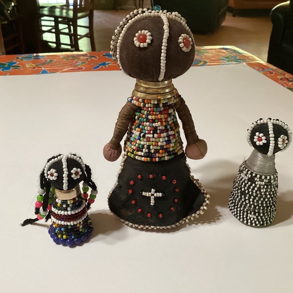 Vintage set of 3 African Ndebele folk art ceremonial beaded dolls