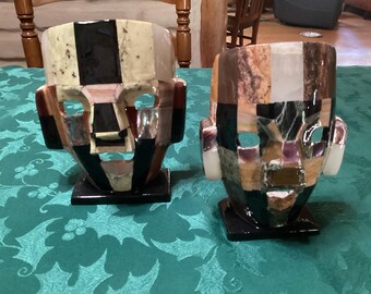 Vintage pair of hand made Mexican Mayan Aztec folk art mosaic burial masks- obsidian, onyx, abalone, marble