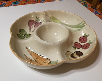 Vintage Designcraft 70's Pottery 11” Chips/Dip Veggie Tray Divided Serving Dish. Excellent Condition.