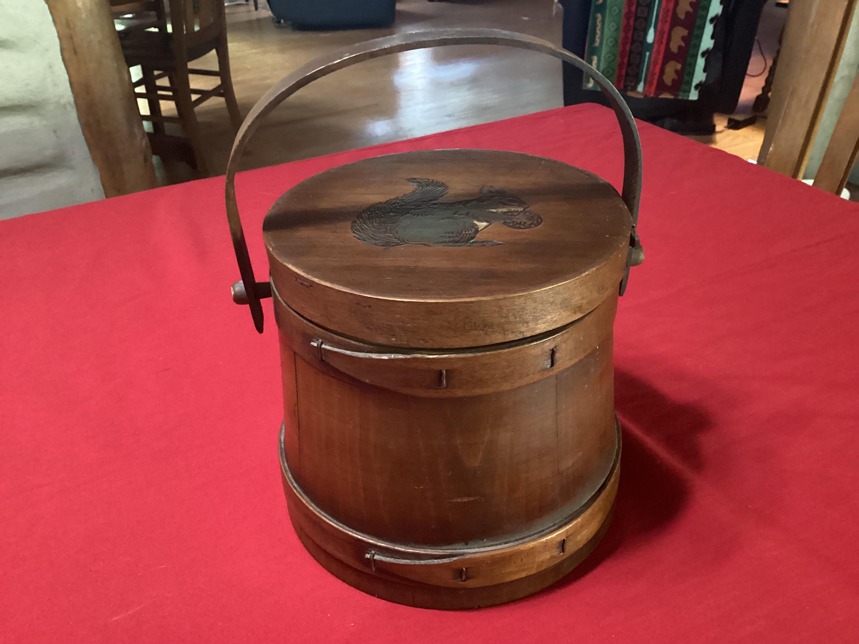Antique Wooden Firkin Sugar Bucket With Squirrel Design on Lid