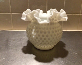 Vintage Fenton milk glass hobnail ruffled  edge interior bowl or vase