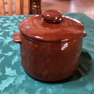 Peut inclure: Une marmite de cuisine en céramique marron avec un couvercle. Le pot a deux petites poignées et une forme arrondie. Le couvercle a un petit bouton sur le dessus. Le pot est posé sur une nappe turquoise avec un motif de feuilles de houx.