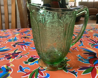 Vintage Jeanette Glass Green Uranium Depression Glass Cherry Blossom Pitcher
