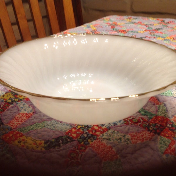 Vintage Fire King Suburbia milk glass large serving bowl with gold rim