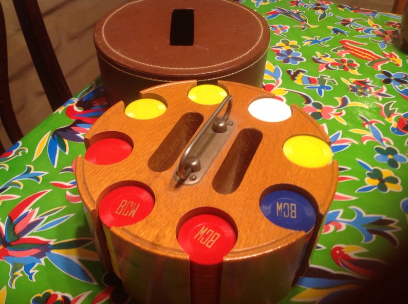 Vintage wooden spinning poker chip wheel with chips and cover Etsy