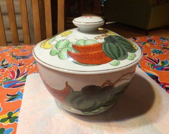 Vintage beautiful Famille Rose large Chinese hand painted ceramic lidded bowl porcelain lidded bowl with fruit designs