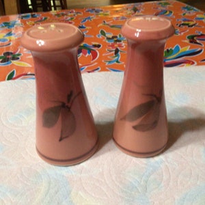 May include: Two pink ceramic salt and pepper shakers with a brown leaf design. The shakers are on a white surface.