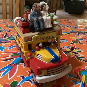 Vintage Guatemalan folk art terra cotta  hand crafted wedding bus sculpture- bride, groom, mariachi