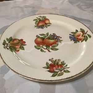 Könnte beinhalten: Ovale, cremefarbene Keramik-Servierplatte mit Goldrand. Die Platte ist mit farbenfrohen Illustrationen verschiedener Früchte, darunter Äpfel, Trauben und Birnen, verziert. Ein dekoratives Stück zum Servieren von Speisen.