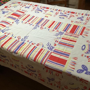 Vintage linen red, yellow, and blue tablecloth with Mexican design- 60” x 50”