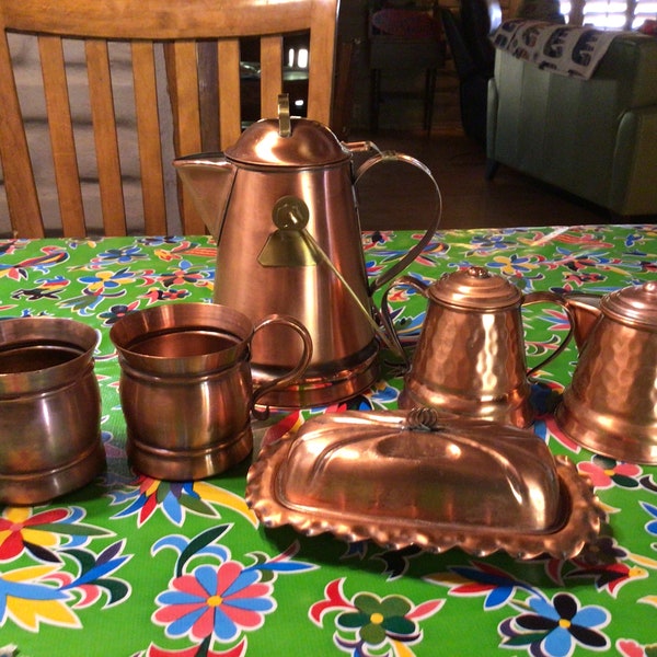 Vintage Gregorian copper kettle, cream and sugar, mugs, and butter dish (sold separately)