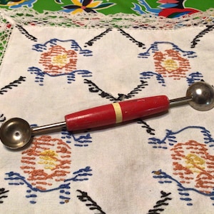 Vintage kitchen tool- melon baller and scoop with red wooden handle