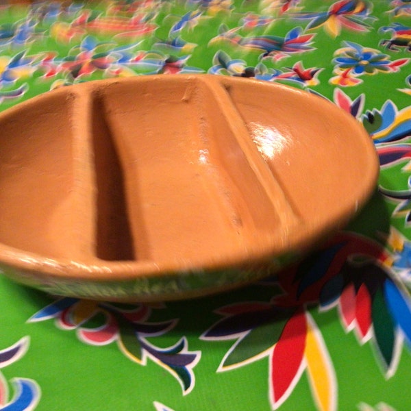 Vintage terra cotta red clay oval divided salsa bowl- Chihuahua Charlie’s, Juarez, Mexico
