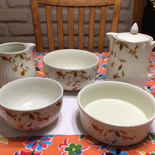 Vintage Hall China Autumn Leaf Jewel T Mary Dunbar serving pieces- coffee server,  pitcher and  bowls- sold separately