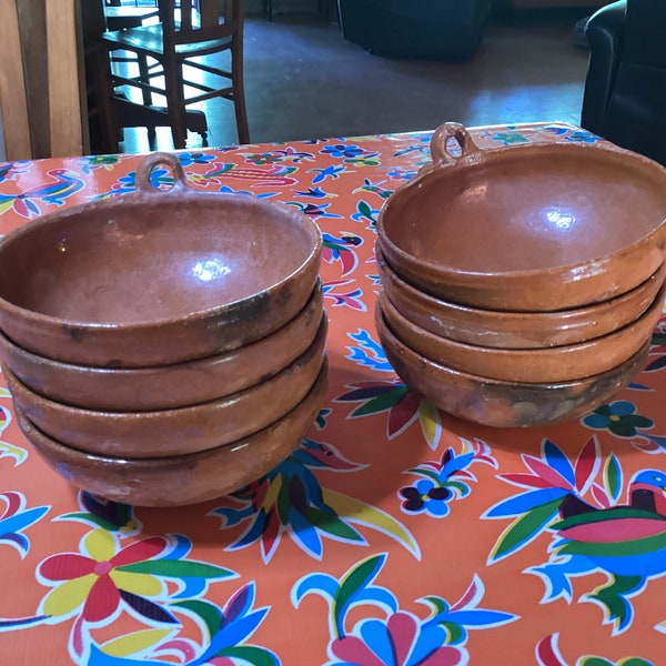Primitive crude terra cotta Mexican folk art handmade set of 8 bowls with single handles