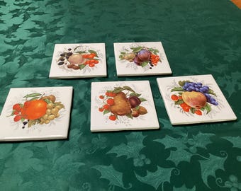 Vintage set of 5 wall tiles or trivets with fruit designs