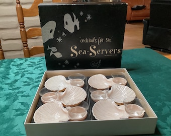 Vintage Karoff cocktails for 6 Sea Servers shrimp cocktail set with Federal Glass cups