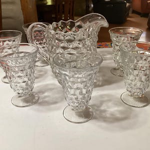 Large Vintage Elegant Glass Fostoria American Pitcher or and 7 footed Tumblers