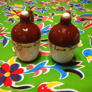 Vintage ceramic little brown jug salt and pepper shakers