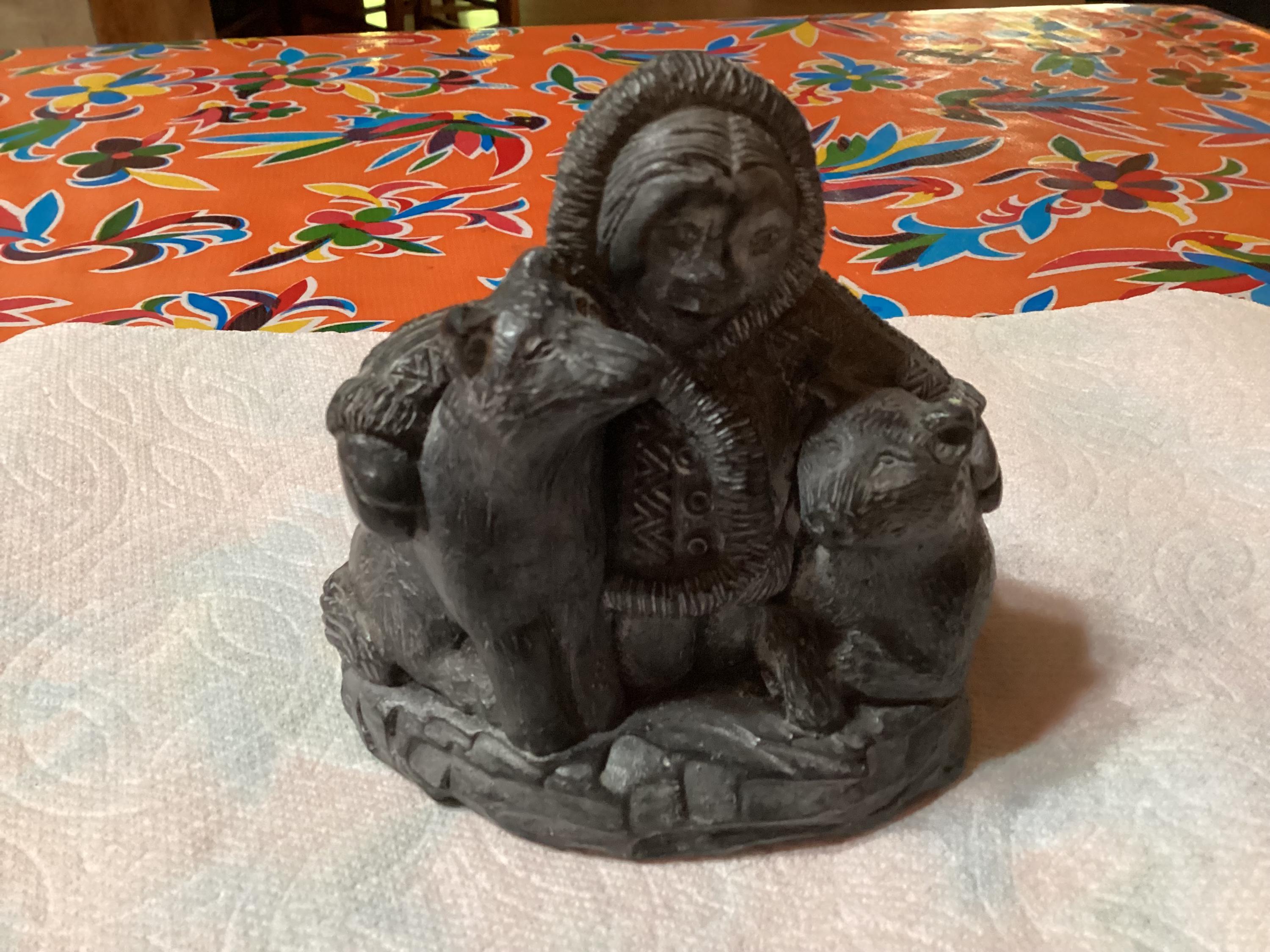 Vintage Hand Made Wolf Original Soapstone Inuit Eskimo Boy Hugging