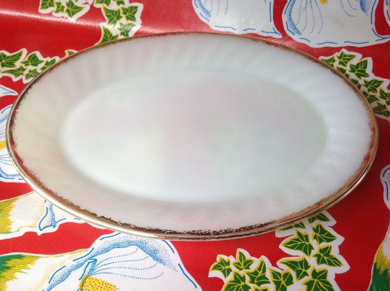 Vintage Fire King oven ware milk glass gold rim platter Etsy