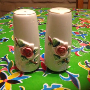 Vintage hand painted ceramic rose salt and pepper shakers with prayers- Japan