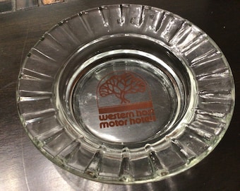 Vintage Western Host Motor Hotels advertising glass ashtray