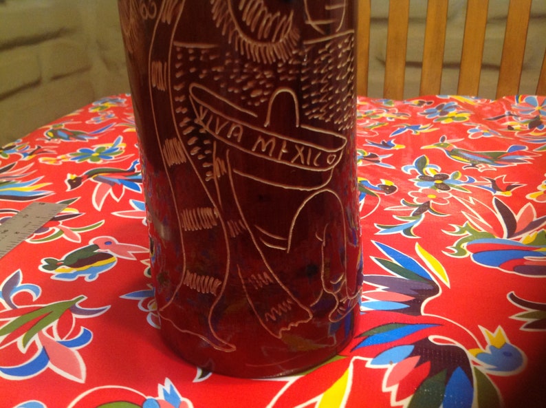 Vintage bamboo hand etched tall beer stein Mexico Sinaloa souvenir of Mazatlan