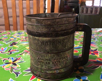 Vintage Watkins Triple Sifter flour sifter with black wooden handle and knob- 1940s