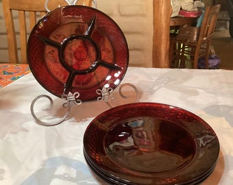 Vintage Cristal d’ Arques Durand ruby red divided serving dish or relish plate and 3 dinner plates - France, sold separately