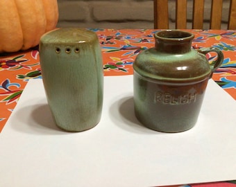 Vintage Frankoma Pottery prairie green rare relish jar and salt shaker- sold seperately