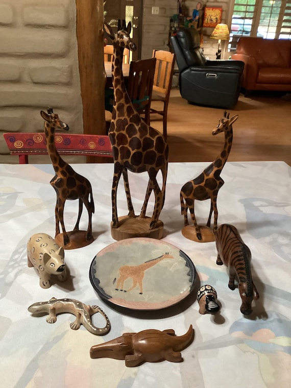 Vintage Hand Carved Wooden Giraffes, Zebra, Croc, and Soapstone