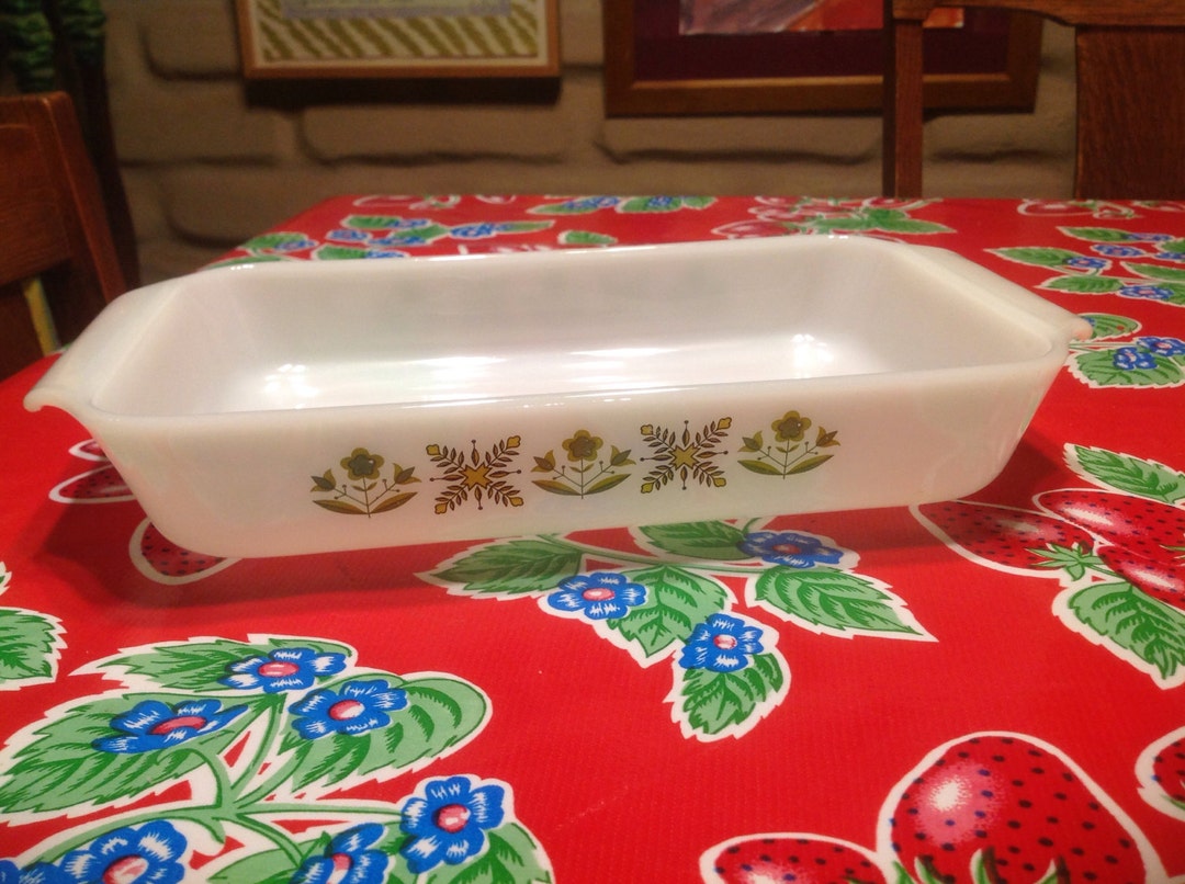 Vintage Fire King Milk Glass Casserole Dish With Green and Yellow Floral Designs Etsy