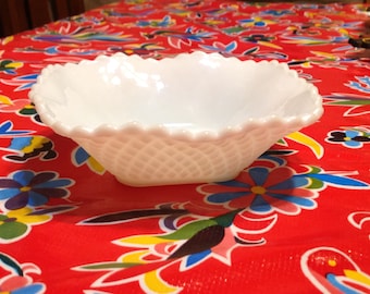 Vintage Hazel Atlas milk glass square candy dish with diamond pattern