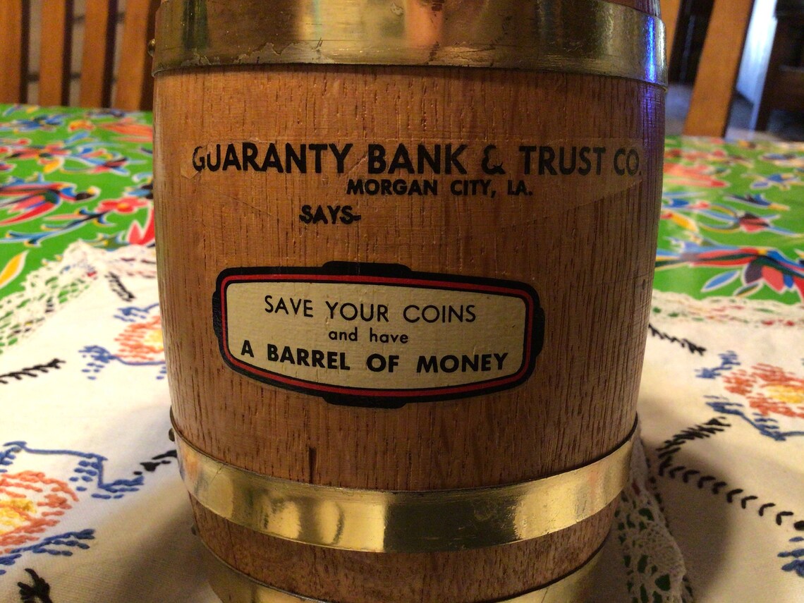 Vintage wooden barrel bank with brass bands Guaranty Bank and Etsy